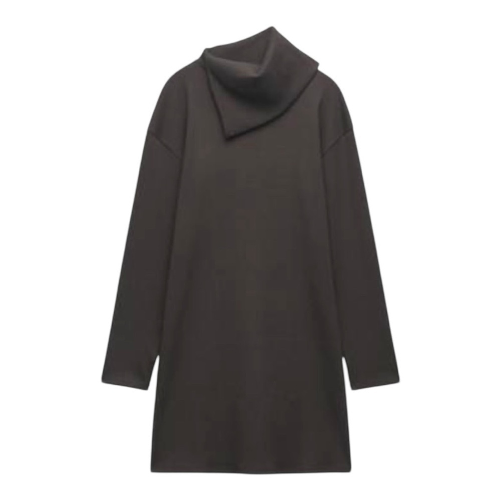 🤎 ZARA Brown Asymmetric Funnel Neck Tunic Dress – Size L | Made in Morocco